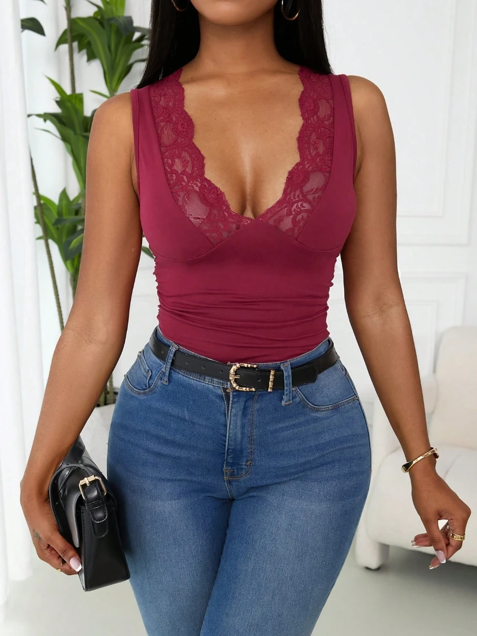 Simple Solid Color Fashionable Lace Splice Neck Vest Versatile Elegant Backless Top for Women