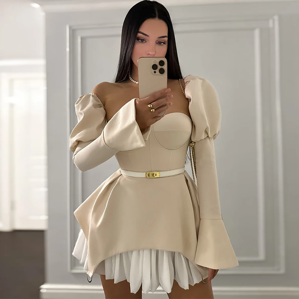 

Women Corset Fashion Irregular Sexy Mini Dress Off-Shoulder Puff Trumpet Sleeves Slim Tube High Street Chic Short Dress Vestidos