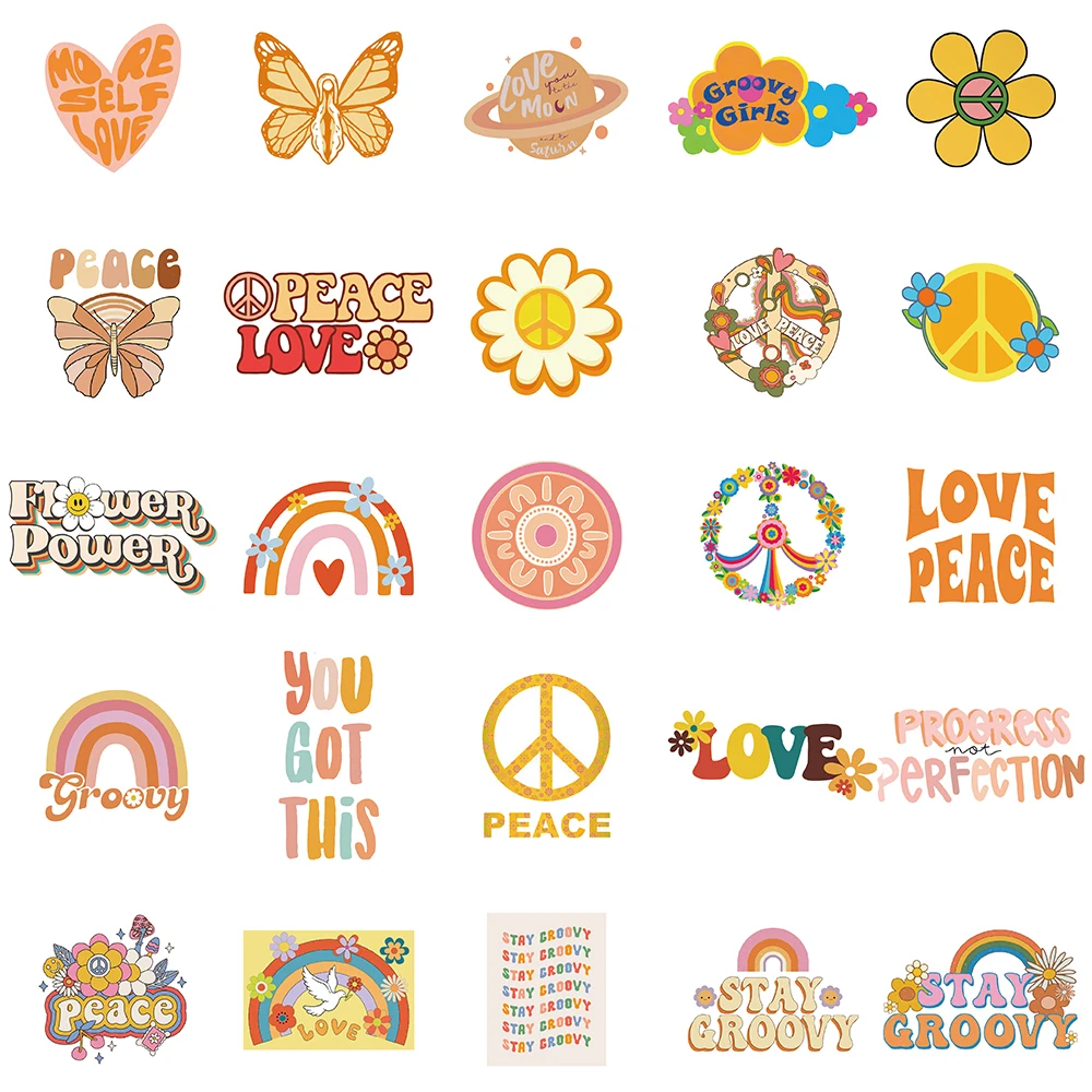 50PCS Hippie Yellow Peace Stickers For DIY Diary Notebook Guitar Scrapbooking Motorcycle Laptop Luggage Graffiti Decals