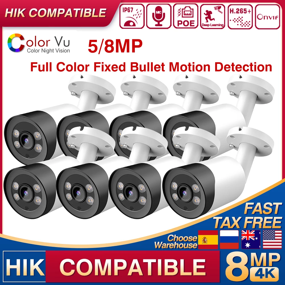 8PCS Kits 5MP Bullet Full Color IP Camerafor Hikvision Compatible Motion Detection with MIC Home CCTV POE Security Camera Onvif