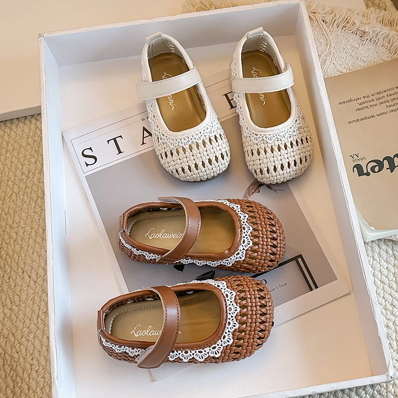 

Children Woven Dress Flat Shoes New Fashion Girls First Walker Shoes Lace Trim Hook Loop Kids Causal Mary Jane Shoes Breathable