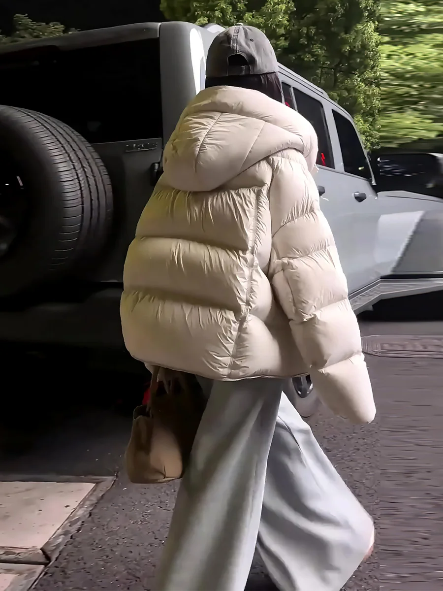 여성용 오트 화이트 다운 재킷 후드 스트링 따뜻한 패셔너블 겨울 코트 출퇴근용 탈부착 가능한 후드