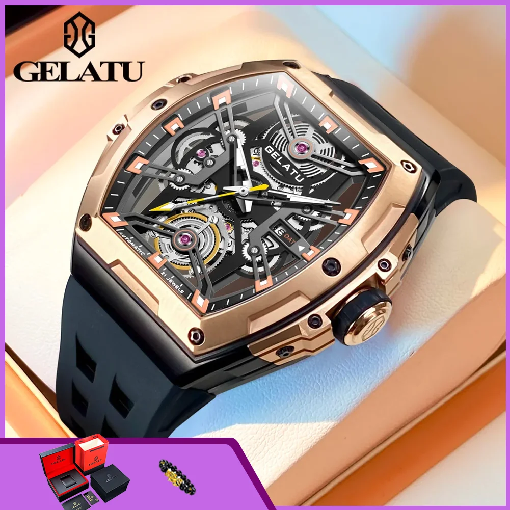 GELATU 6012 Automatic Mechanical Watches for Man Luxury Brand Fashion Silicone Strap Tonneau Shape Large Dial Men's Wristwatches