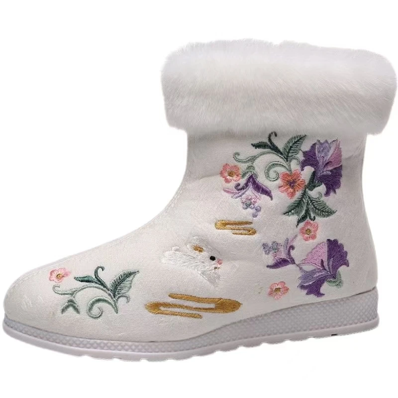 Women's Chinese Traditional High Top Flat Sole Embroidered Boots Plus Warm Zippers Ethnic Style Snow Boots Hanfu Cotton Shoes