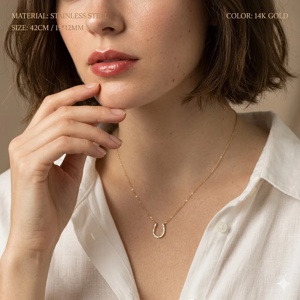 Lucky Horseshoe Pendant 14K Gold Plated Stainless Steel Necklace Hammered Texture Tiny U Charm Waterproof Clavicle Chain Jewelry