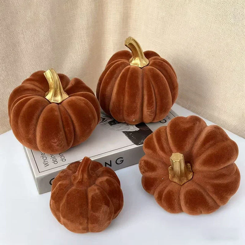 Brown Flocking Pumpkin Statue Artwork Desk Decoration Creative Pumpkin Sculpture Resin Crafts Ornaments Room Aesthetic Decor