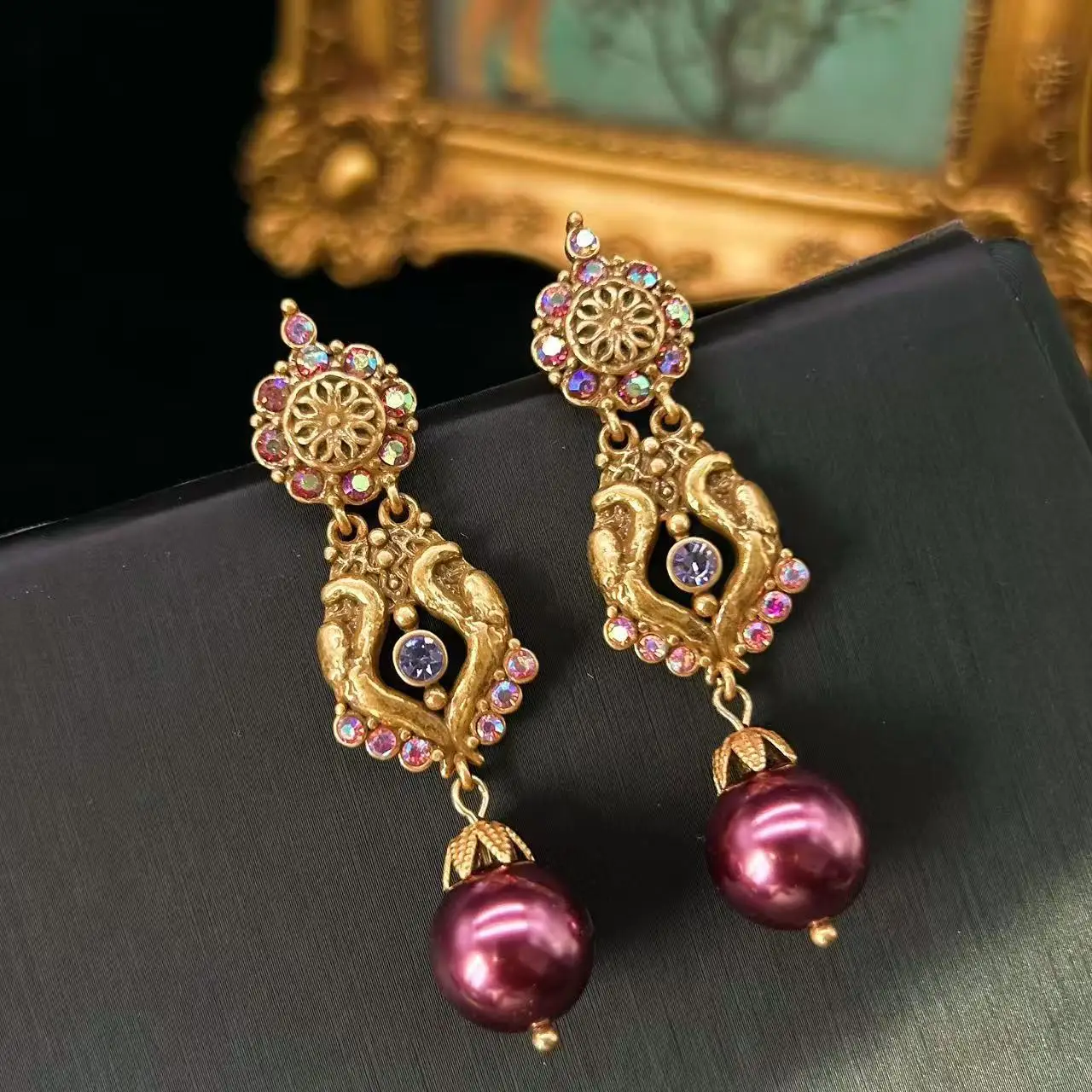 

Royal Core Carved Floral Earrings,Antique Gold with Rainbow Cultured Pearls, Victorian Dangle Jewelry