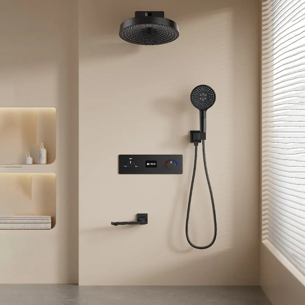 Grey Thermostatic Bathroom Shower Faucet In Wall Black  Bath and Shower Faucet Set  Thermostatic Mixer Bath and Rainfall Shower