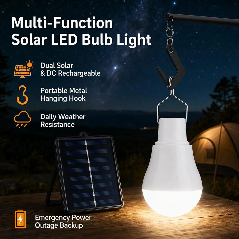 Solar LED Light Bulb IP65 Waterproof 200 Lumen Portable Hanging Hook Outdoor Camping Garden Path Power Outage Emergency Lamp