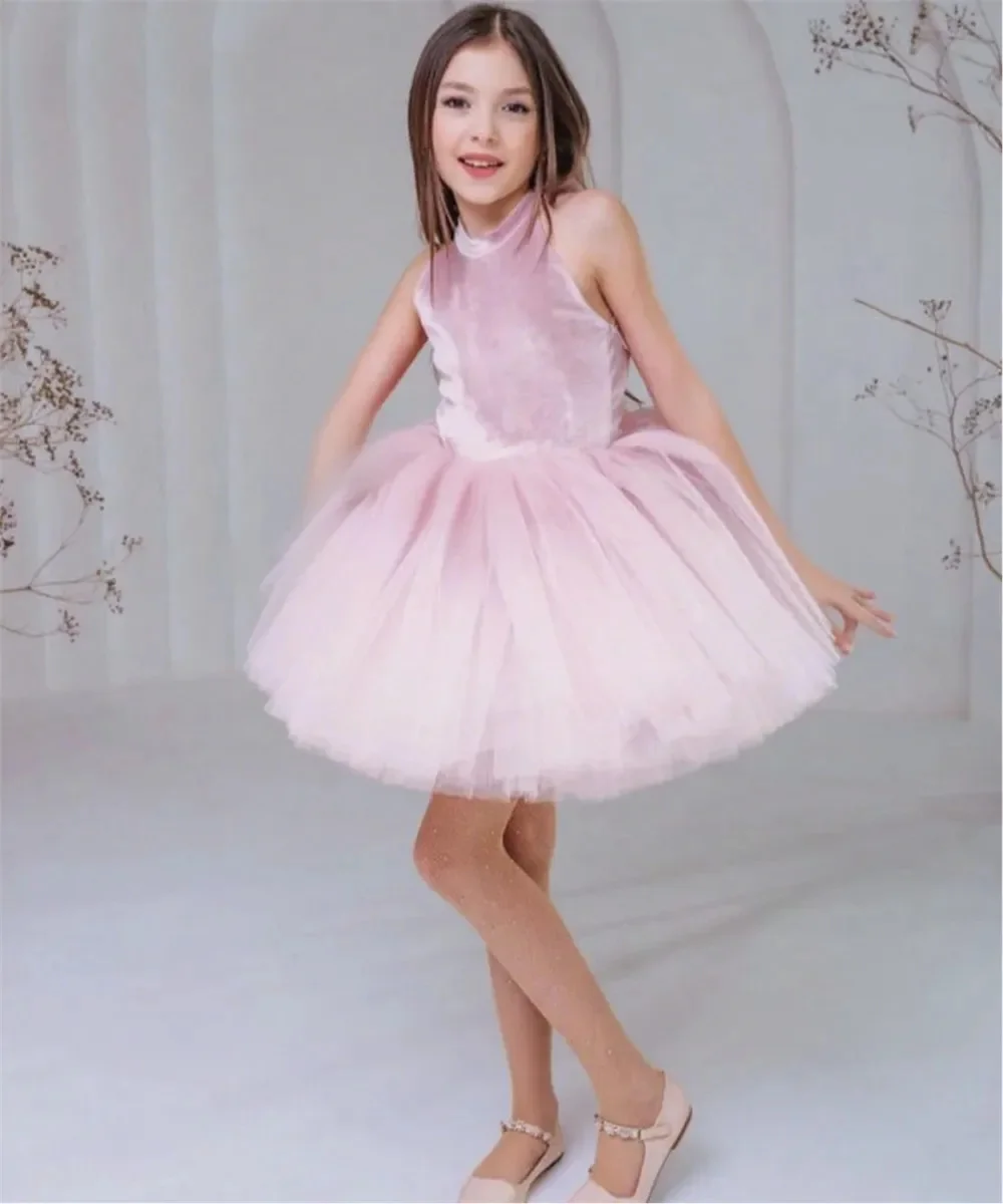 Sweet Velvet Custom Flower Girl Dress For Wedding Hanging Neck Backless with Bow Tulle Puffy Kids Birthday First Communion Gown