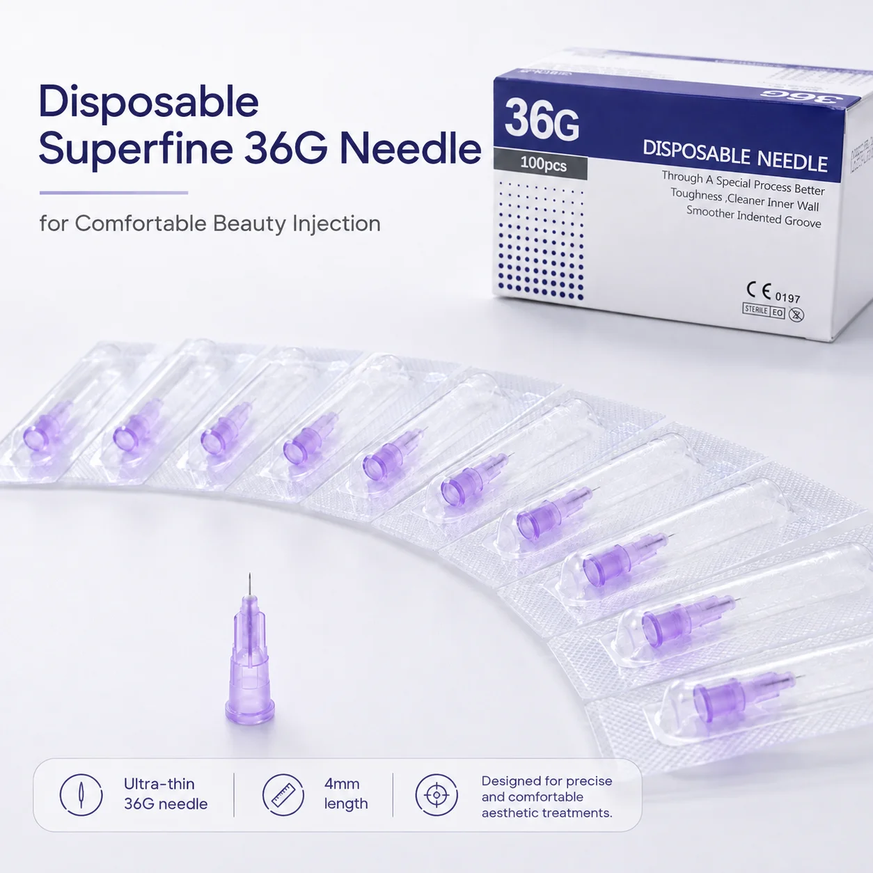 100pcs 36G 4mm Disposable Sterile Superfine Needle Beauty Injection Hypodermic Needle Low Pain Meso Skin Booster Aesthetic