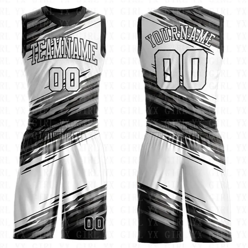 

Custom Black White-Silver Gray Round Neck Sublimation Basketball Suit Jersey 3D Printed Tank Tops And Shorts Personlized Team