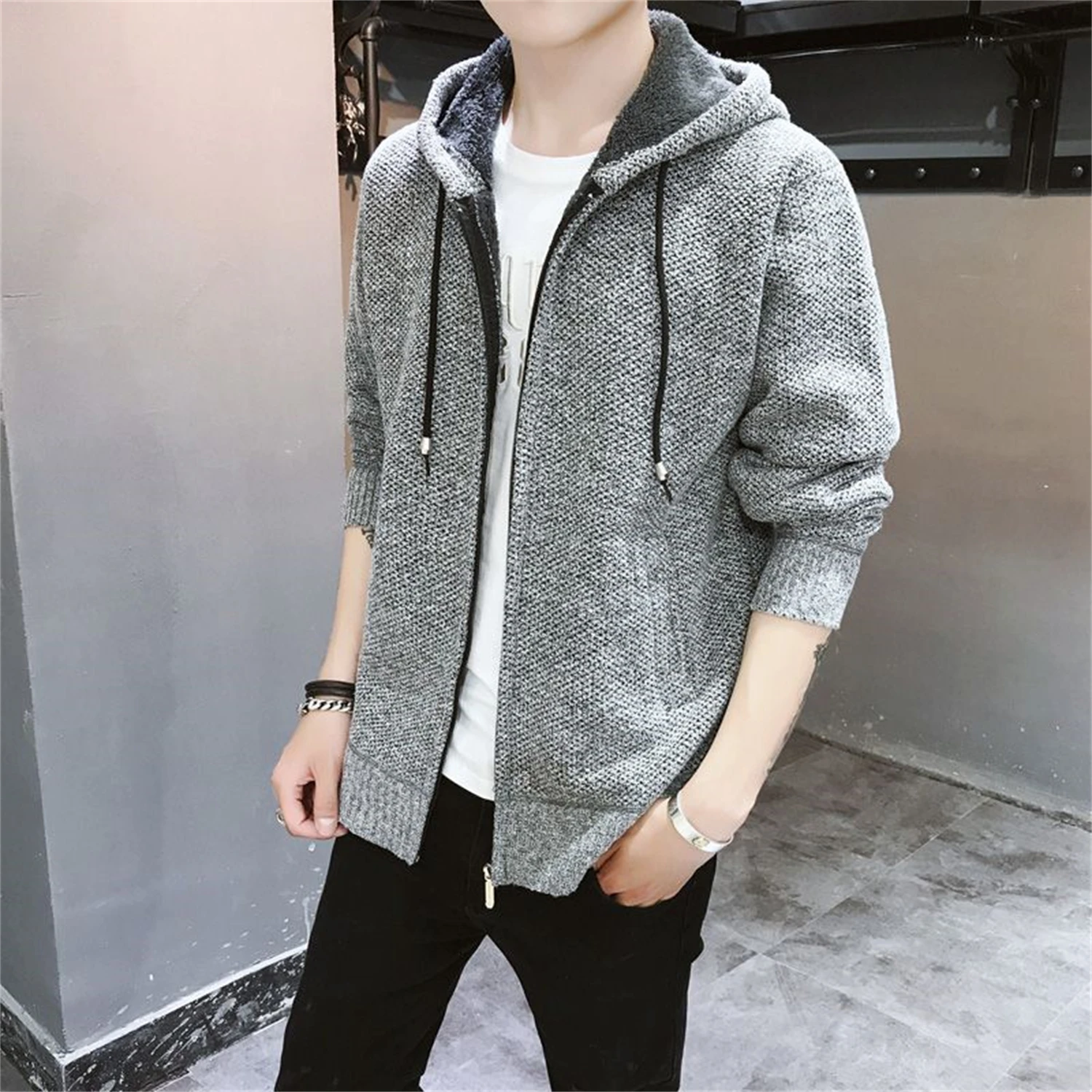 

Мужская вязаная куртка с капюшоном на флисовой подкладке, повседневная толстовка на молнии с цветными блоками, модная теплая верхняя одежда с капюшоном на шнурке