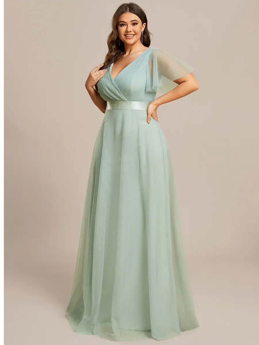 Plus Size Evening Dresses A-line V neck Lotus Leaf Sleeves Empire Chiffon 2024 ever pretty of Mint Gree Elegant Women Prom Dress