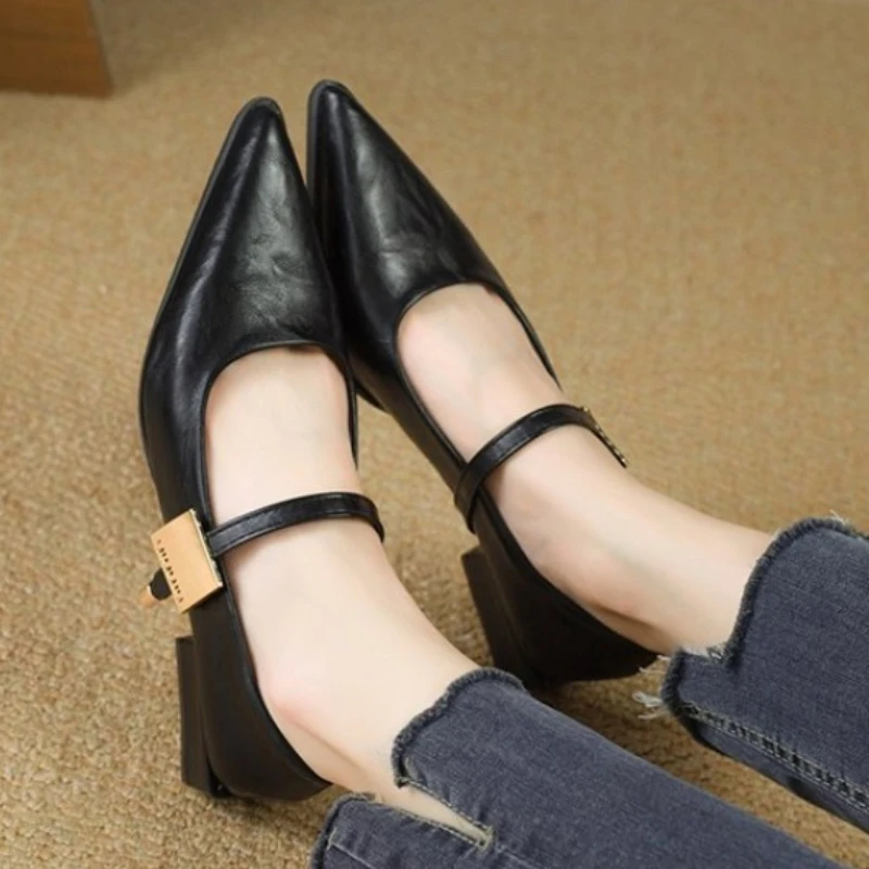 2025 ريترو ستايل كعب سميك أحذية النساء موضة أشار تو أحذية السيدات الراحة الأحذية النساء أنيقة حذا فردي للسيدات #3