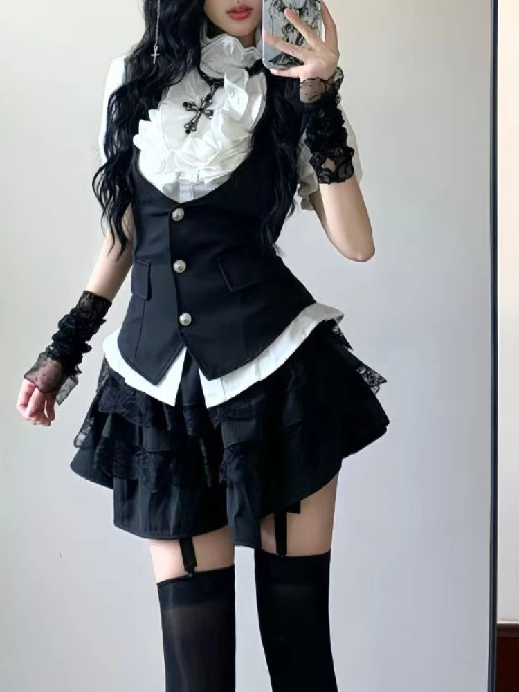 

Harajuku Gothic Retro Chic Outfit Women Bubble Sleeve Shirt + Slim Vest + Short Cake Skirt New Vintage Fashion 3 Piece Suit 2025
