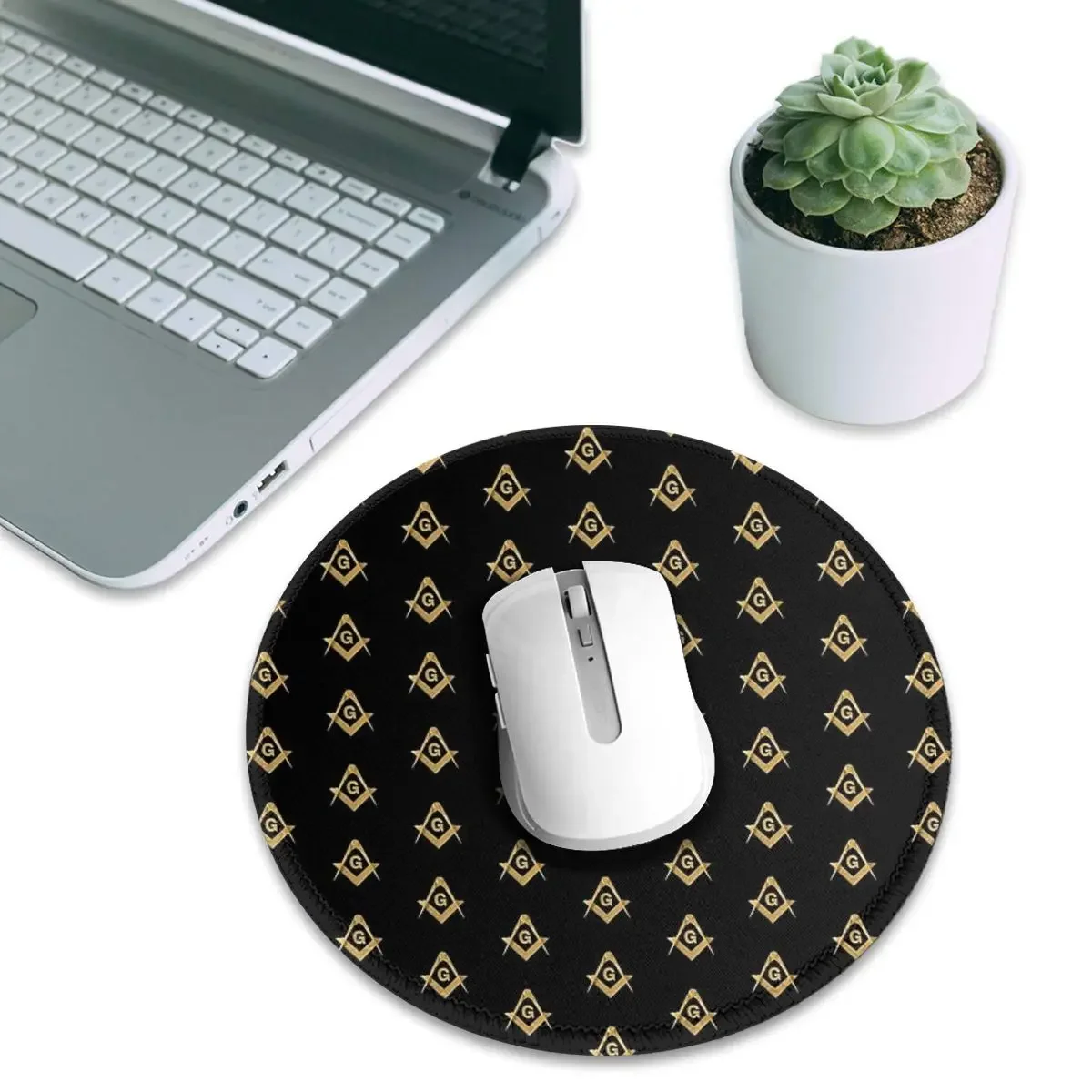 Freemason Pattern Gold Blue Square And Compass Masonic  Round Mouse Pad Computer Keyboard Mouse Mat Gaming Laptop Desk Mat