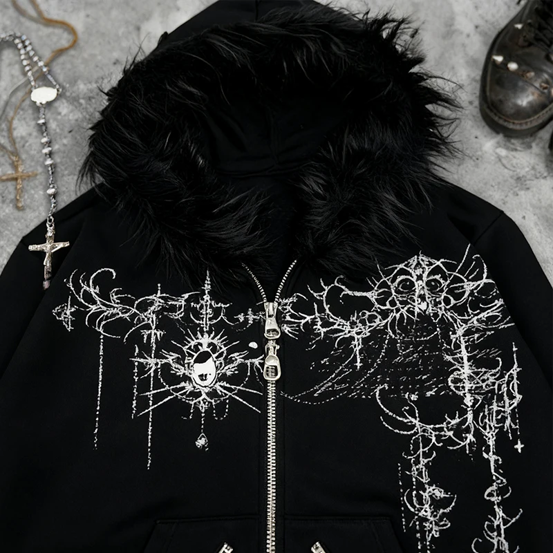 تيك توك الساخن الأمريكية عيد الفصح نمط الرجال شتاء جديد هوديي مطبوعة الفراء الرقبة الديكور الشرير القوطية Harajuku شارع العليا الظلام Y2K #1