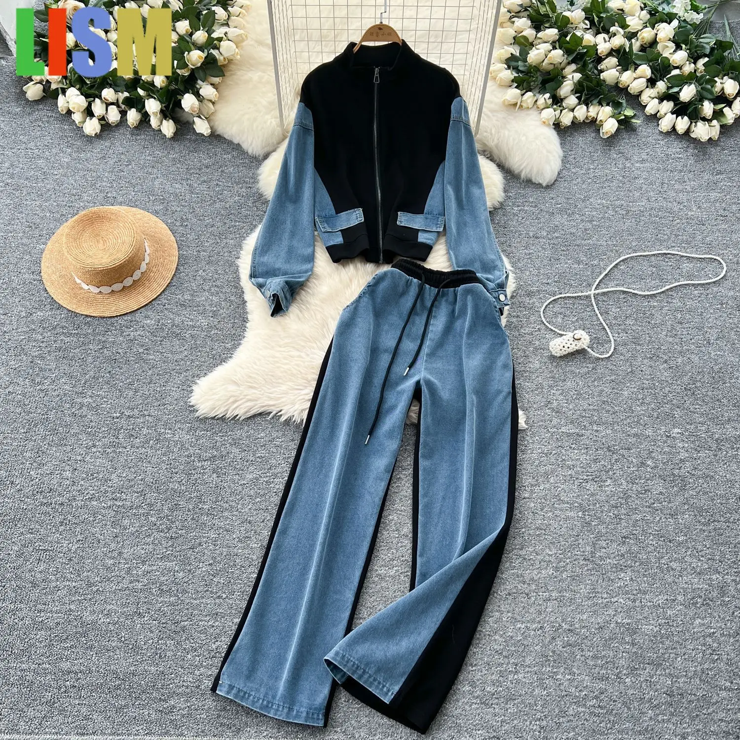 

LISM Pant Set Women Two Piece Sets Denim Matching Sets tracksuits Loose Tops Wide Leg Long Pants Lace Up Y2k Streetwear Suits