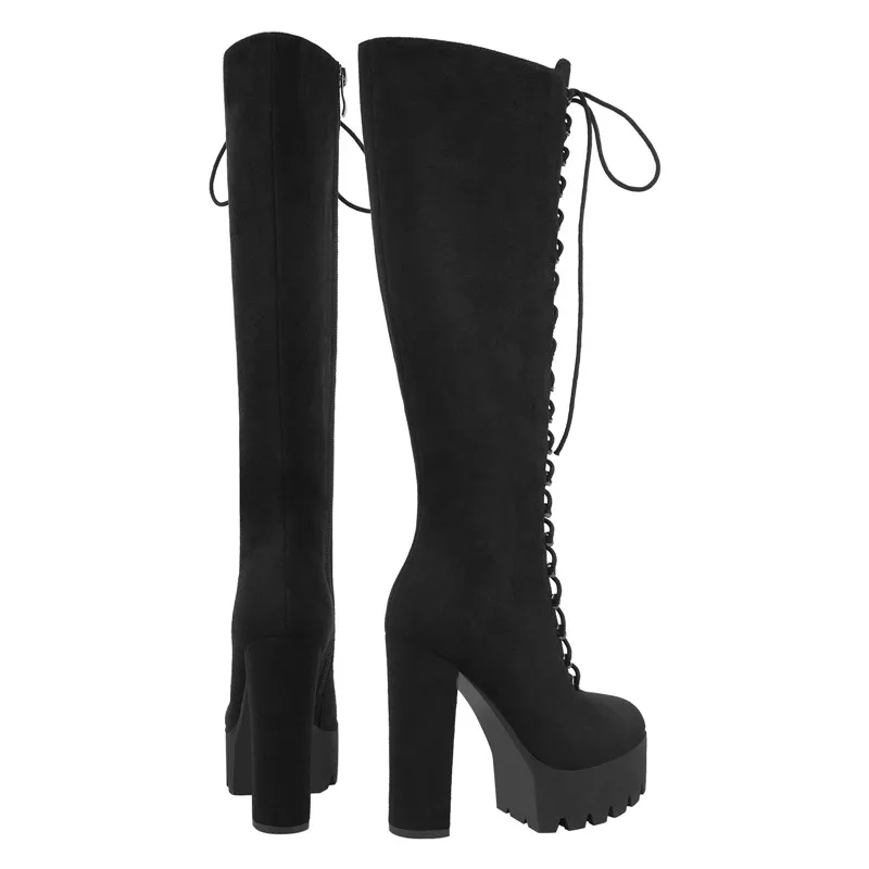 Onlymaker Women Platform Over The Knee Boots Black Flock Chunky  Heel Side Zip Plus Size Party Dress Winter Boots Shoes