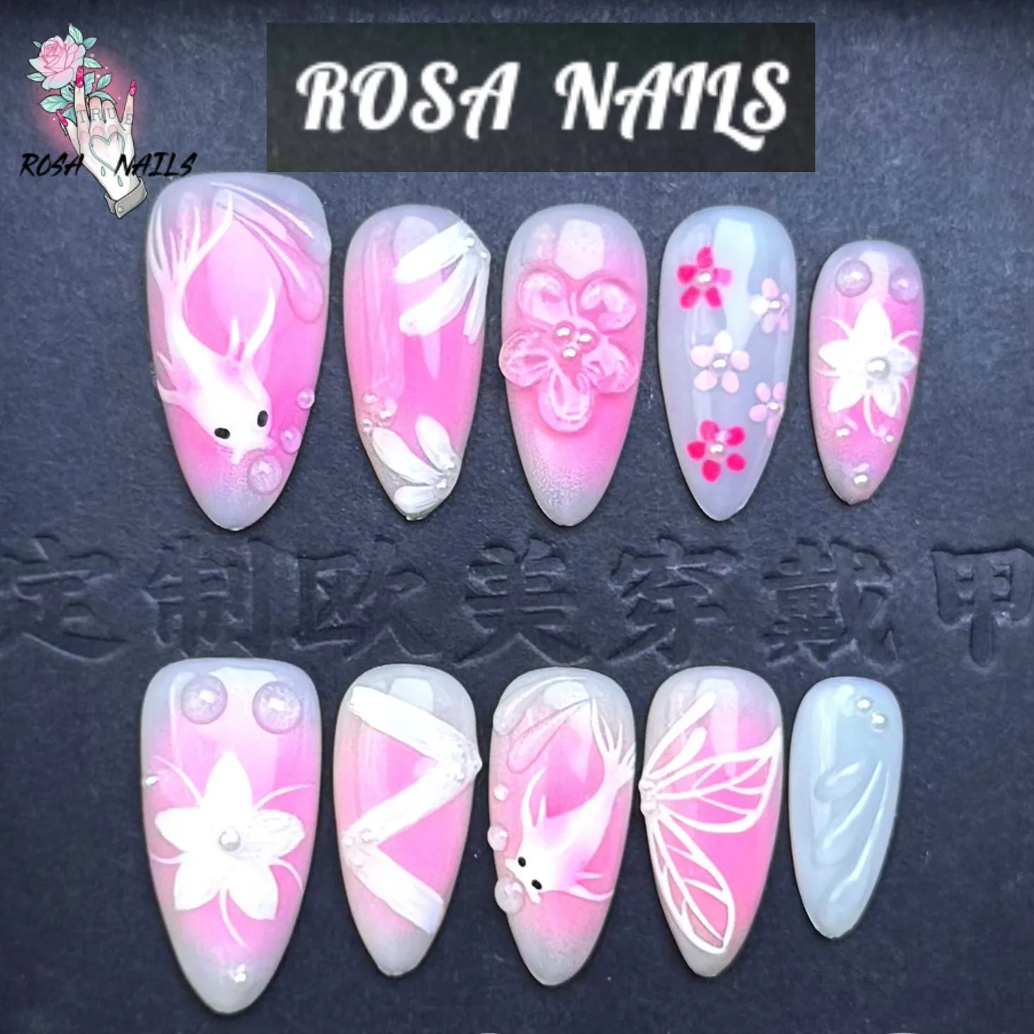 

10 шт., накладные ногти ручной работы с цветами, белые, розовые, с ручным принтом, рыбы, пакеты, 3D цветочный дизайн, носимые миндалевидные накладные ногти