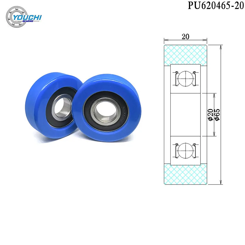 2pcs 20x65x20 PU Coated Roller PU620465-20 65mm Diameter 20mm Bore Polyurethane Formed Bearing 20*65*20 Plastic Pulley Wheel