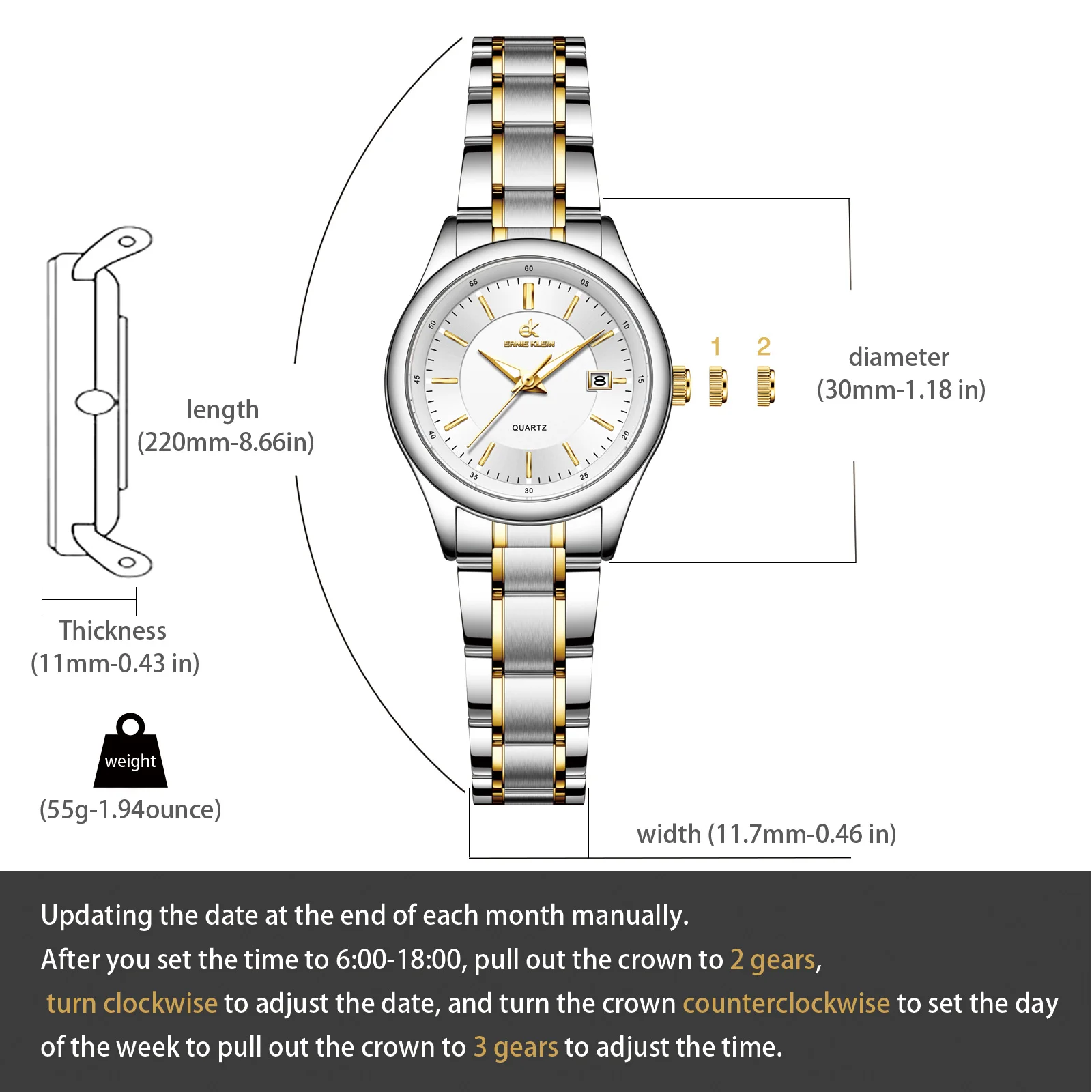 ERNIE KLEIN Women‘s Watches Simple Luxury Fashion Elegant Female Wristwatch Waterproof Luminous Date Exquisite Gift for Girl