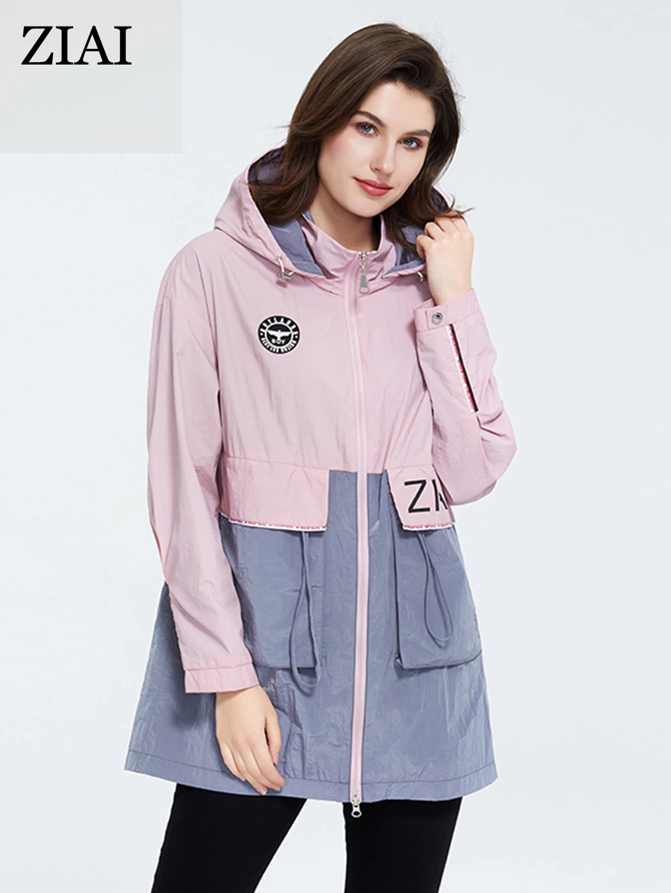 ZIAI 2022 Spring autumn trench Casual  high quality coat hooded women fashion mid-length with Big pocket zipper   ZS-3068