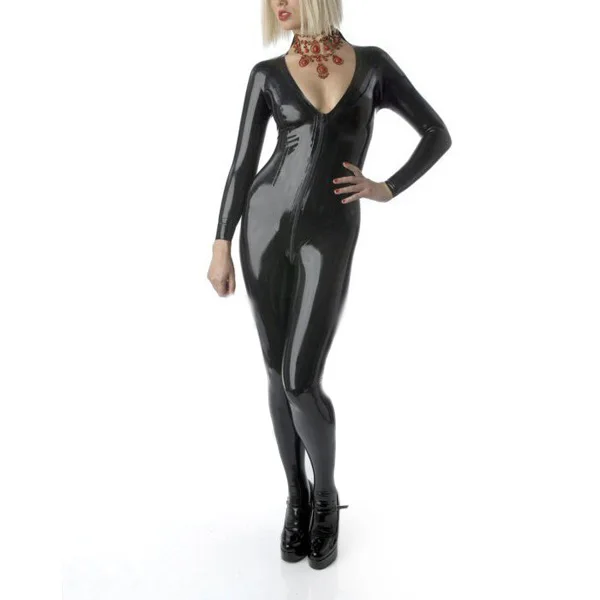 

Black Women Latex Catsuit Rubber Bodysuit V Neck Style Jumpsuit Tight Suit Front Crotch Zipper