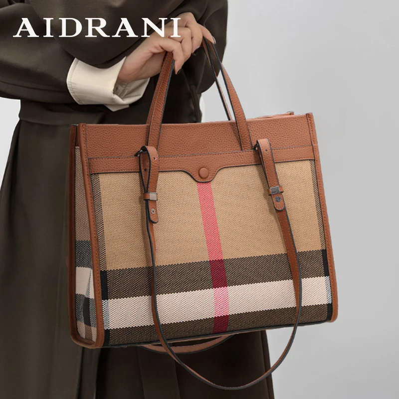 Aidrani  Classic plaid women's bag, large capacity portable shoulder bag, canvas patchwork cowhide, square bag