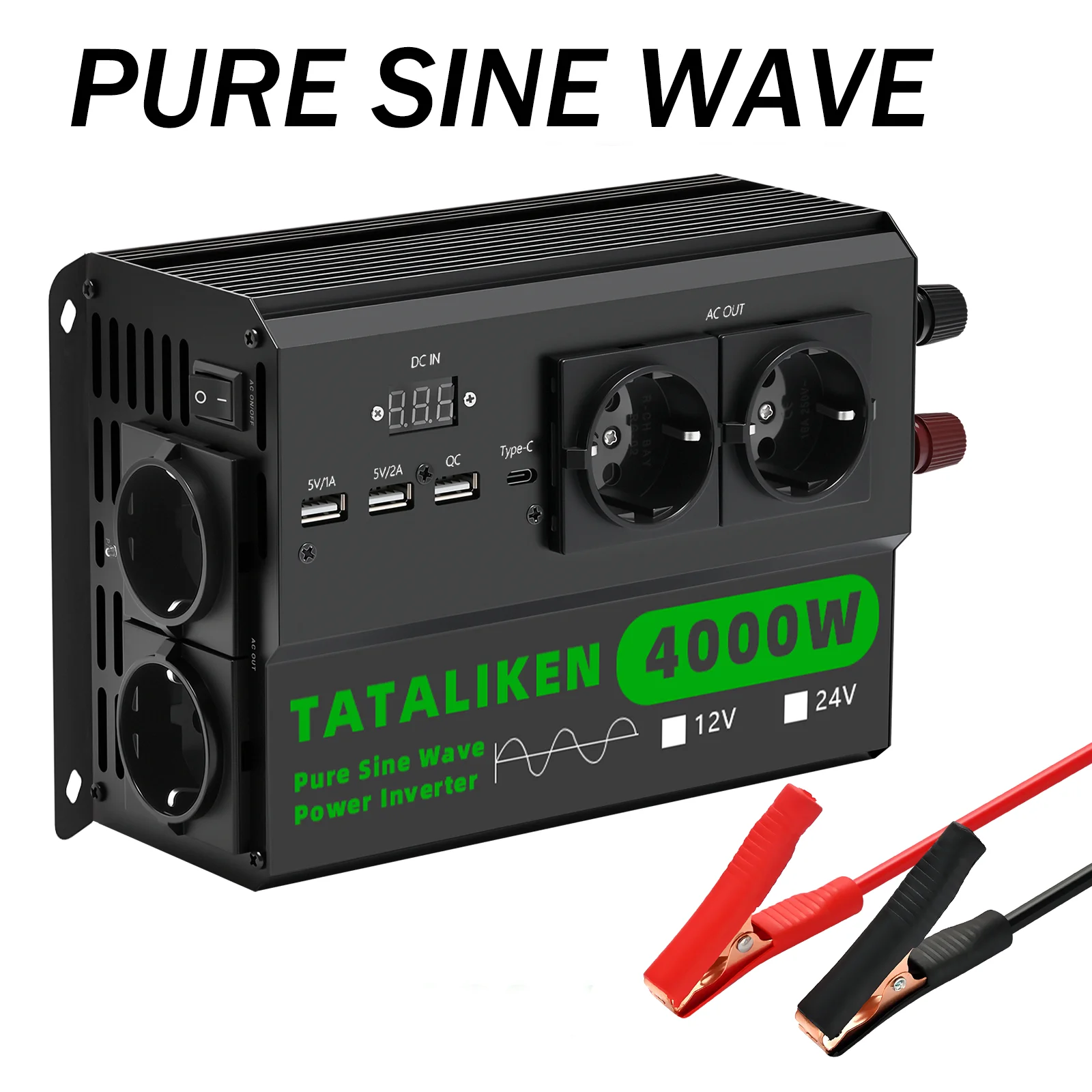 5000W Hochleistungs-Reiner-Sinus-Wechselrichter DC zu AC 220V 50Hz, 4 EU-Steckdosen, Digitales LCD-Display, Thermostatgesteuerter Lüfter für LKW