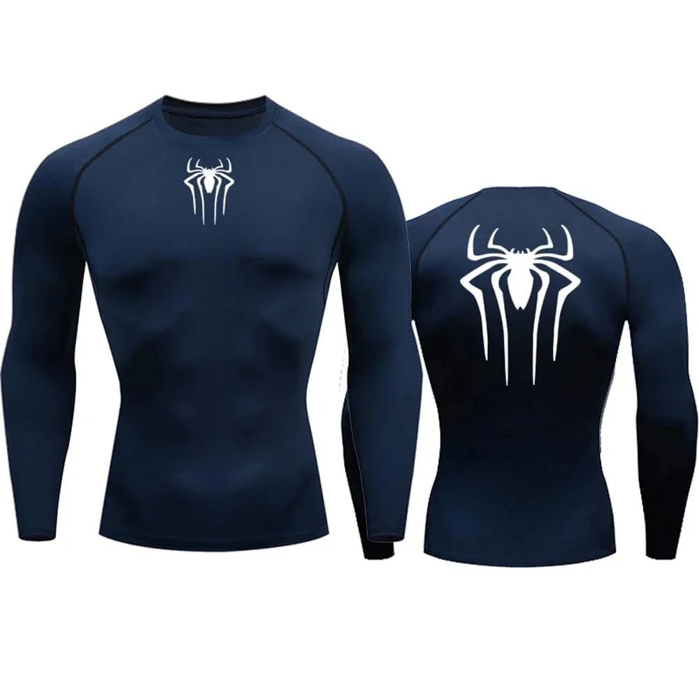 Men\'s Compression Spider Printed T-Shirt Sports Muscle Fitness Tight Quick-drying Long Sleeve Breathable Gym Bottoming Clothes