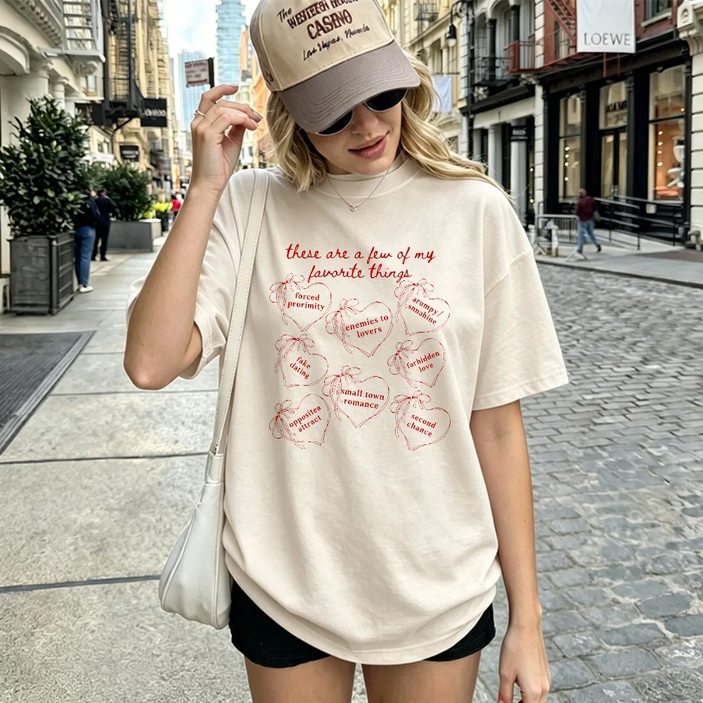 Women Cotton T-Shirt These Are A Few of My Favorite Things Red Heart Bow Letter Print Romantic Quote Casual Summer Daily Tops