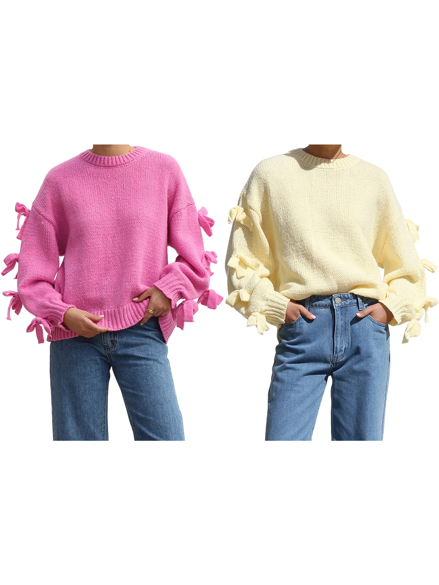 

Женский уютный вязаный свитер с очаровательным бантом и круглым вырезом для стильной осенней моды