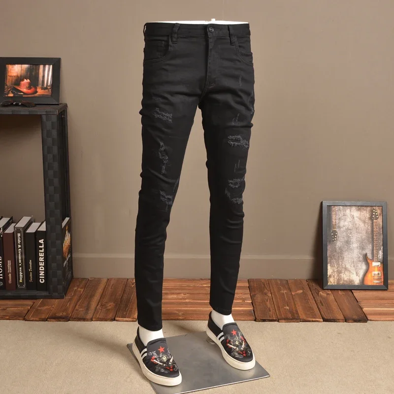 

Black Ripped Stretch Jeans Men Classic Spring Summer Slim Fit Denim Pencil Pants QJ01