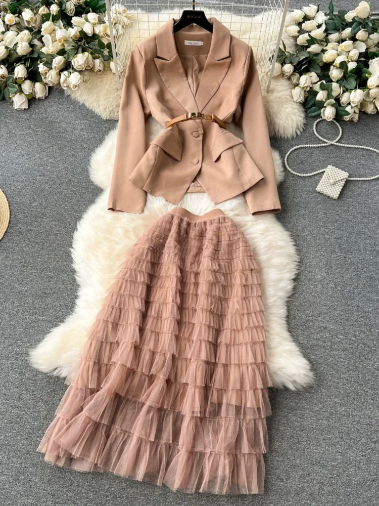 Women Vintage Blazer Two Piece Sets Autumn Winter Lapel Short Jacket+high Waisted Elgeant Layered Skirt Suits Ladies Party Set