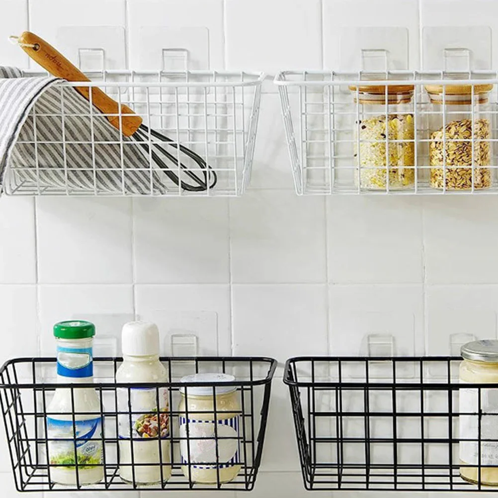 

2pcs Wall-Mounted Storage Baskets Iron Kitchen Organizer No Punch Installation Black Space Saving Basket For Cabinet Countertop