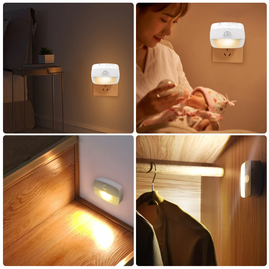 Wireless LED Motion Sensor Night Light Plug In Motion Detector Bedroom Staircase Closet Bedside Night Lamp 220V Battery Powered