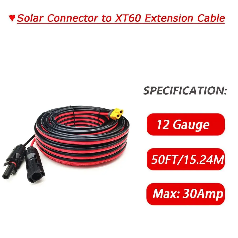 12AWG Solar XT60 Adapter Cable 50FT ECO RIVER & DELTA Portable Power Station