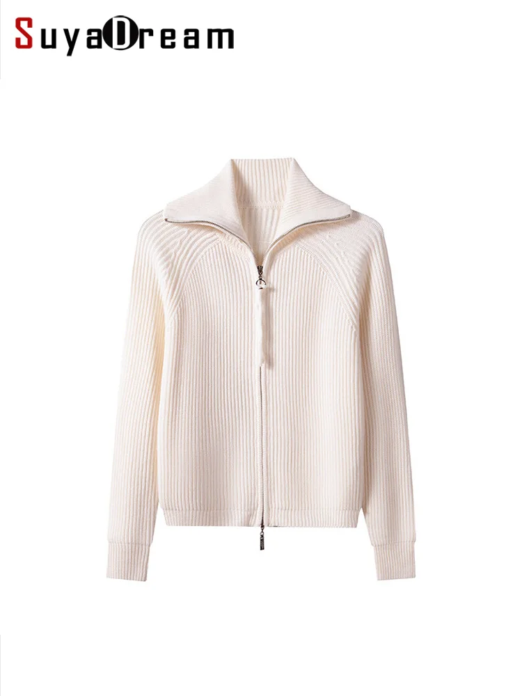 

SuyaDream Woman 100%Wool Cardigans Zipper Short Jackets 2023 Fall Winter Heavy Sweaters Khaki White
