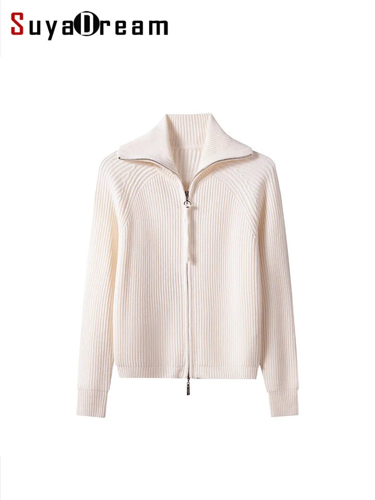 SuyaDream Mujer 100% Cárdigans de lana Chaquetas cortas con cremallera 2024 Otoño Invierno Suéteres pesados Caqui Blanco