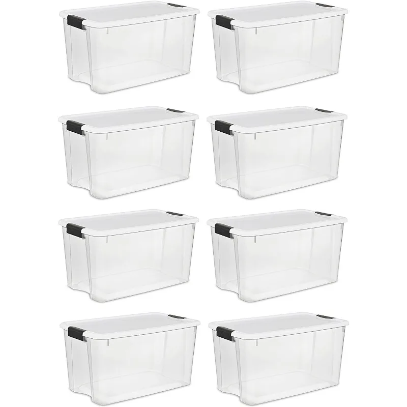 19889804 70 Quart/66 Liter Ultra Latch Box, Clear with a White Lid and Black Latches, 8-Pack