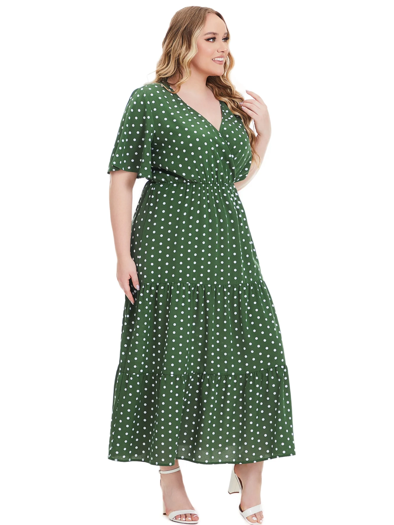 Plus Size New Arrival Fashional Polka nadruk w kropki V dekolt z krótkim rękawem artystyczne swobodne sukienki dla dużych kobiet