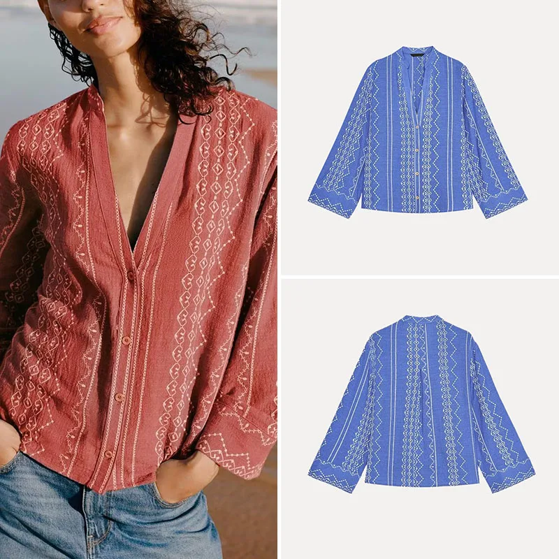 

Spring 2025 New Women's Faion V-ne Long Sve Embroidered irt Street Sle Polyester Fiber 00% Z Brand