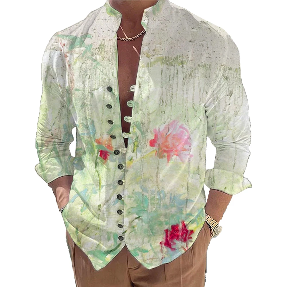 Men Casual Flower Print Loose Long Sleeve Button Down Tops Blouse Dress Shirt