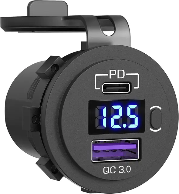 USB gniazdo ładowarki samochodowej USB 12V/24V gniazdo Dual USB PD3.0 i QC3.0 samochodowy Port USB z włącznikiem/wyłącznikiem woltomierzem LED