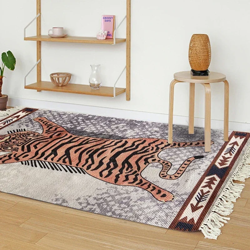 Tiger Pattern Persia Tassel Carpet, Living Room Decoration, Vintage Hand Knotted Floor Mat, Bedroom Lounge Rug