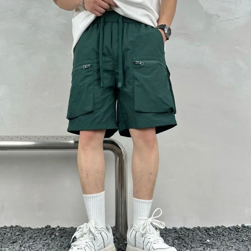 Summer Men's 2024 New Patchwork Elasticized Drawstring Pocket Zipper Thin Fashion Solid Color Loose Shorts Casual Sports Shorts