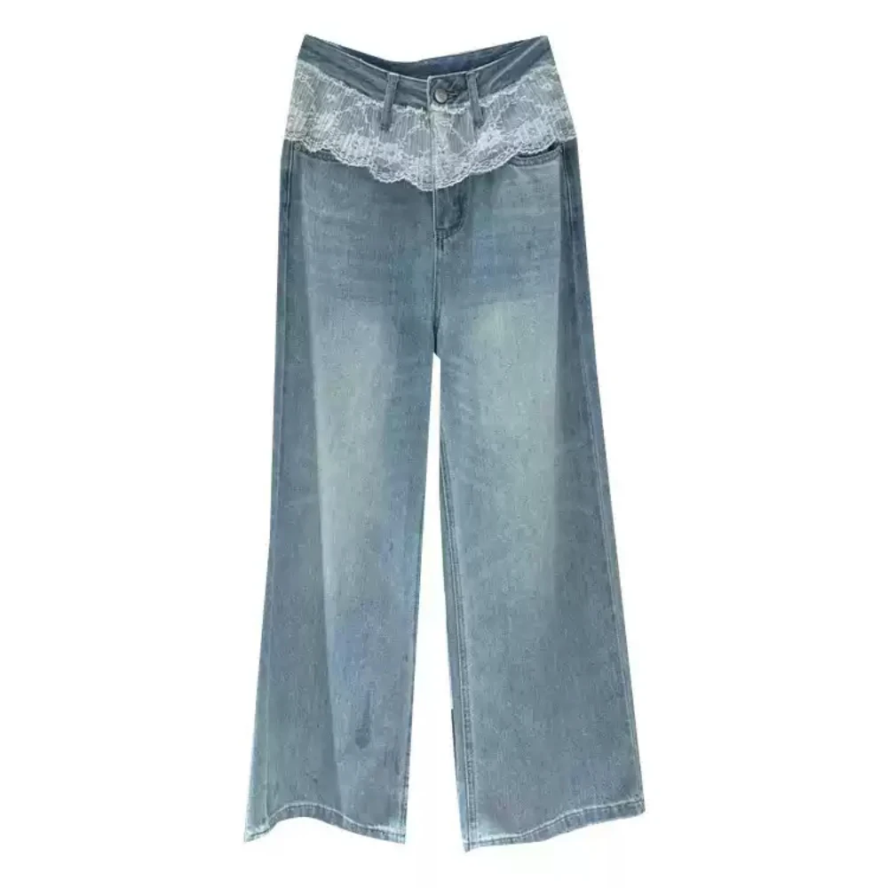 Dames kanten patchwork jeans lente zomer Koreaans ontworpen nep twee stukken hoge taille wijde pijpen rechte enkellange denim broek