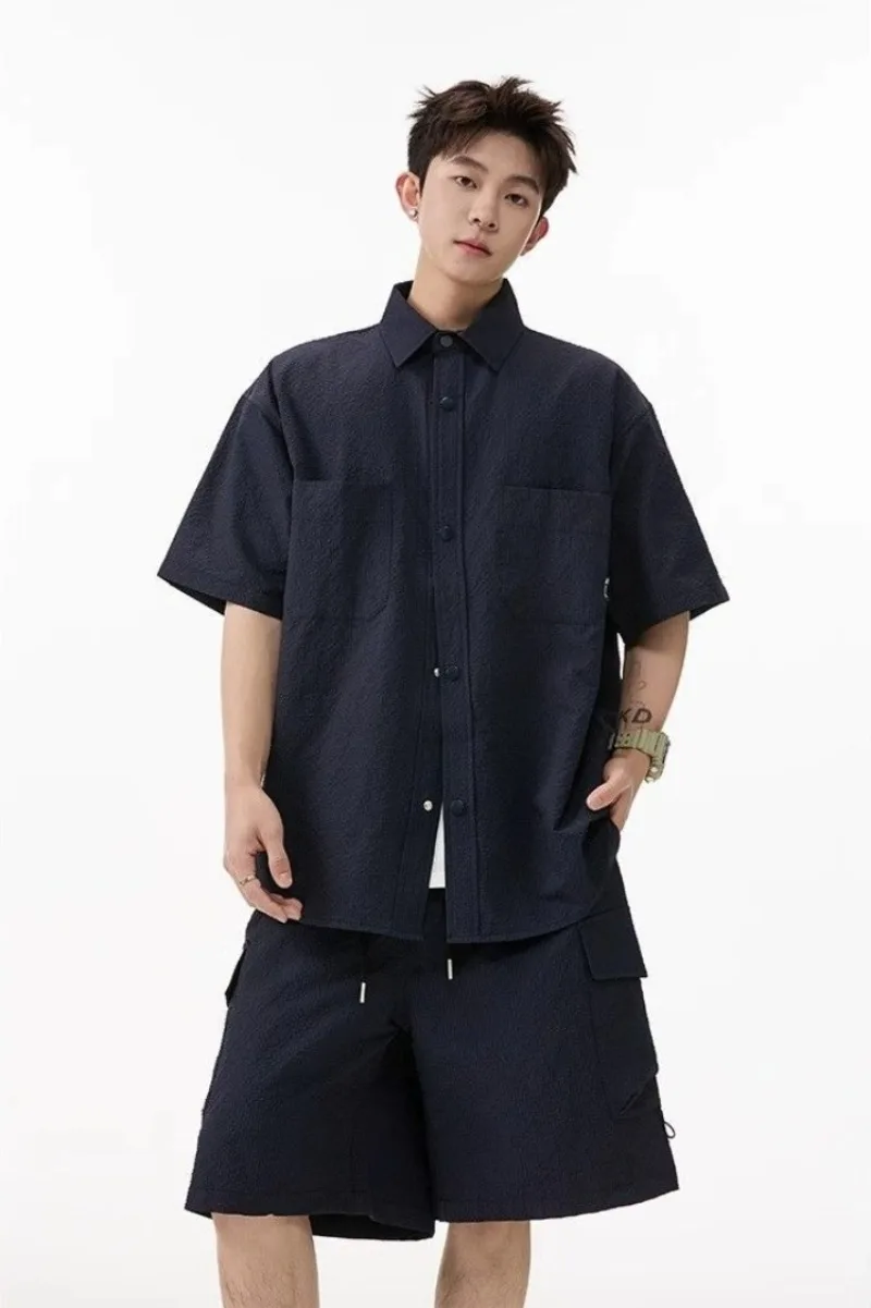 

Casual Men's Summer Shirt Shorts Set Navy Blue Short Sleeve Two Piece Outfit​